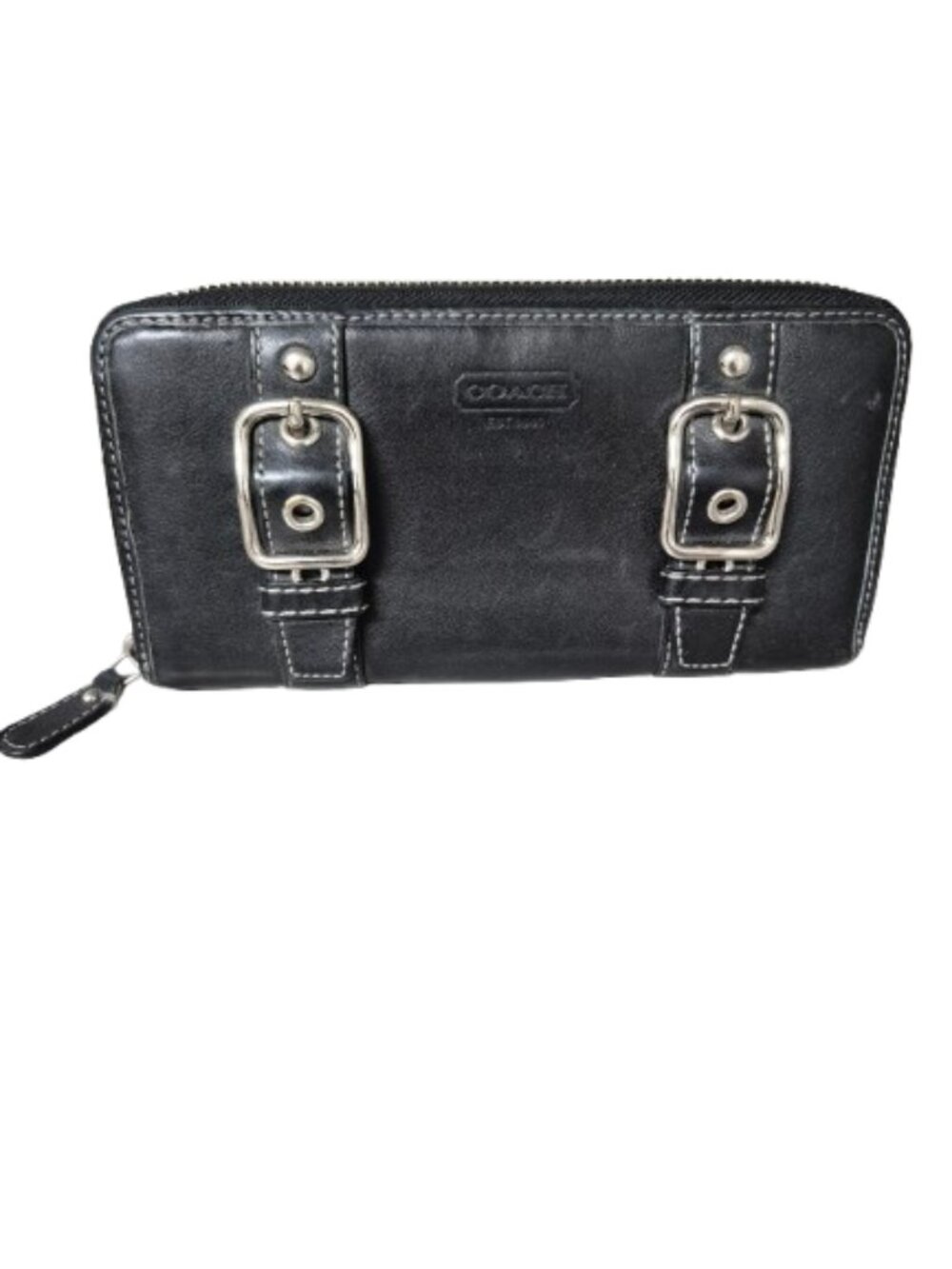 Vintage Coach Zoe Black Leather Double Silver Buckle Zip Around Wallet